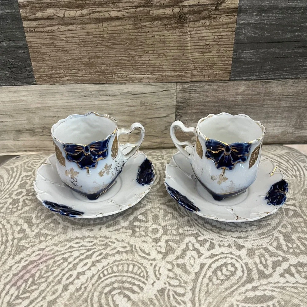 Antique Flow Blue Gold Floral Demitasse Cup and Saucer Set of 2 Footed Porcelain